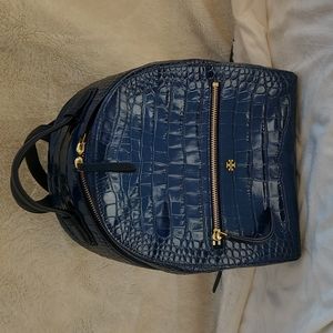 Tory Burch Croc Embossed Leather Backpack in Dark Blue